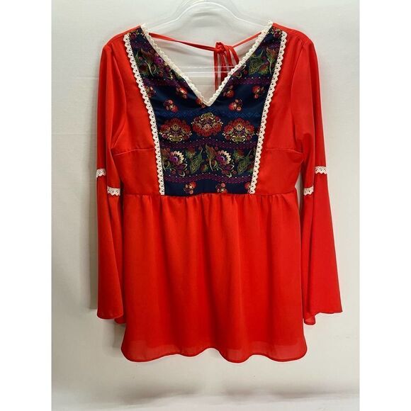 Judith March Orange Floral Lace Bell Sleeve Blouse Top Boho Size Large - Picture 1 of 6